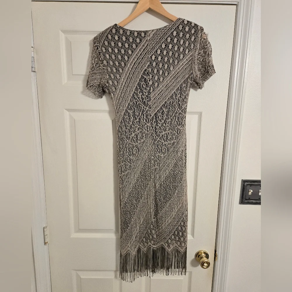 Helene Blake taupe black vintage overlay dress flapper style size 8 (runs Small)